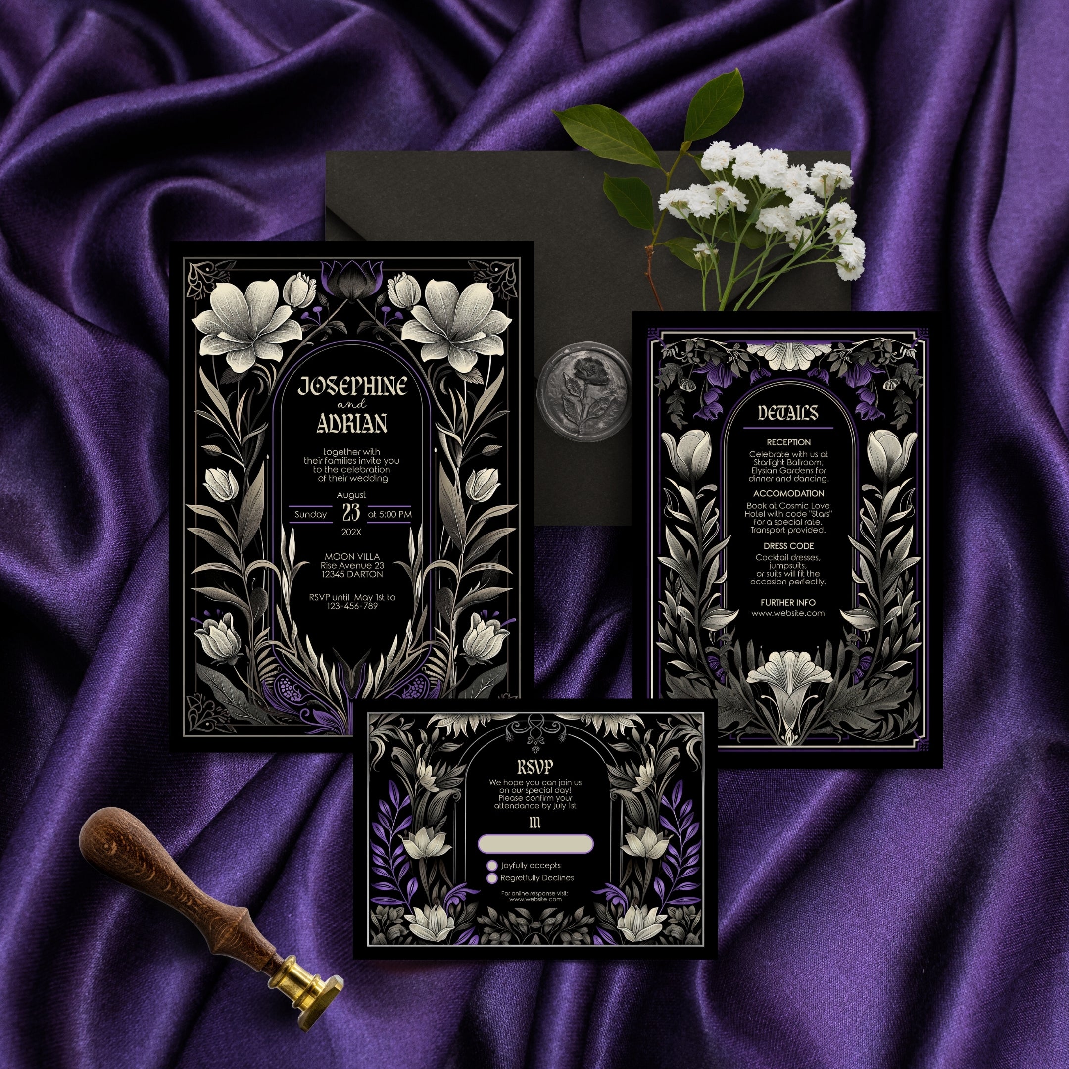 Gothic Art Nouveau Wedding Invitation Set - With Invite, Details & RSVP Card