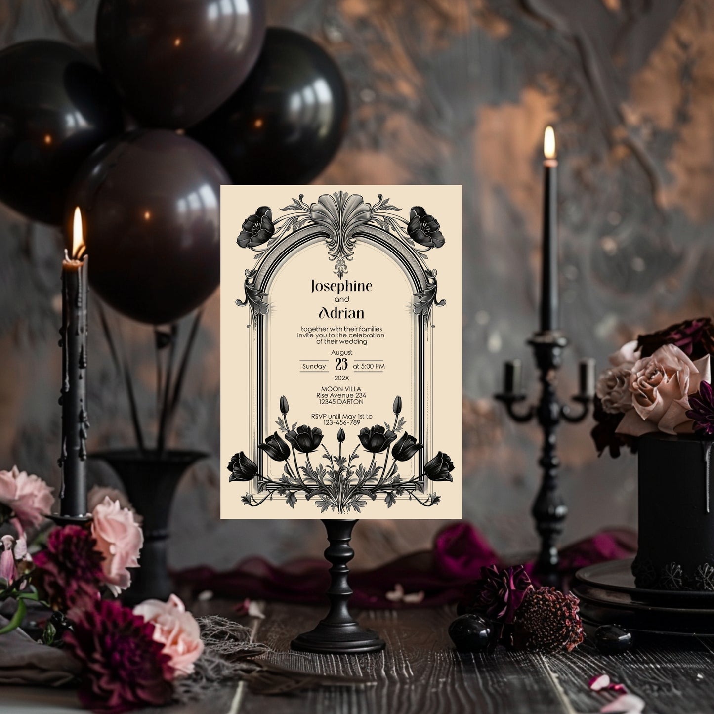 Gothic Baroque Wedding Invitation Set - Vintage Arch and Black Poppy Flowers, Invitation, RSVP & Details Card