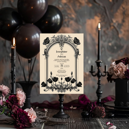 Gothic Baroque Wedding Invitation Set - Vintage Arch and Black Poppy Flowers, Invitation, RSVP & Details Card