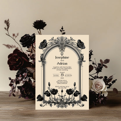 Gothic Baroque Wedding Invitation Set - Vintage Arch and Black Poppy Flowers, Invitation, RSVP & Details Card