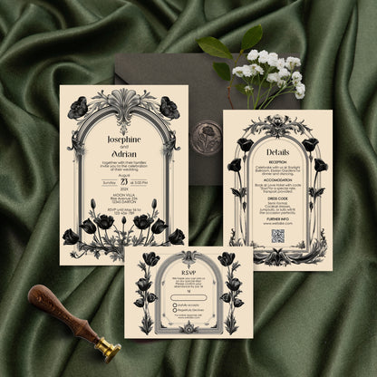 Gothic Baroque Wedding Invitation Set - Vintage Arch and Black Poppy Flowers, Invitation, RSVP & Details Card