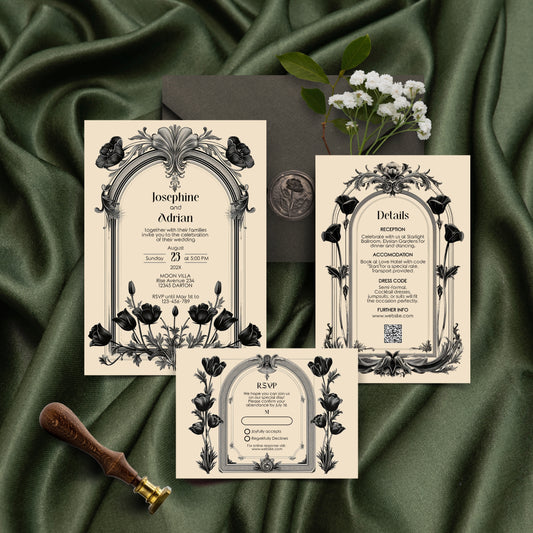 Gothic Baroque Wedding Invitation Set - Vintage Arch and Black Poppy Flowers, Invitation, RSVP & Details Card