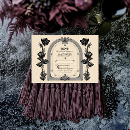 Gothic Baroque Wedding Invitation Set - Vintage Arch and Black Poppy Flowers, Invitation, RSVP & Details Card
