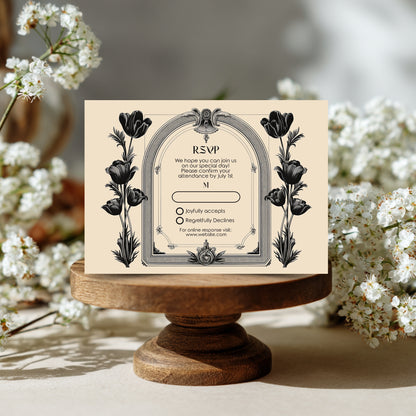Gothic Baroque Wedding Invitation Set - Vintage Arch and Black Poppy Flowers, Invitation, RSVP & Details Card