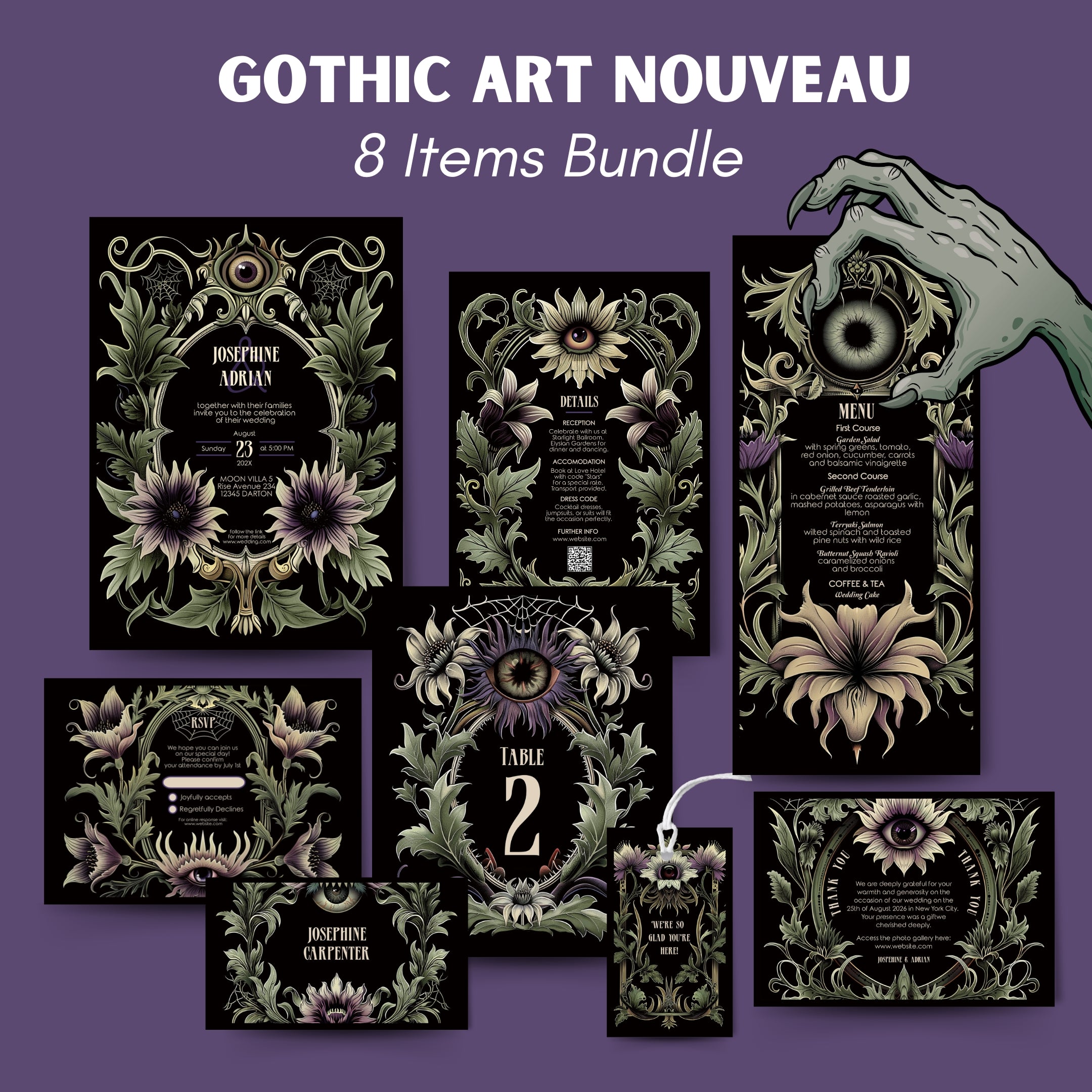 Gothic Fantasy Art Nouveau wedding invitation set with spooky eye design and floral designs on a purple background