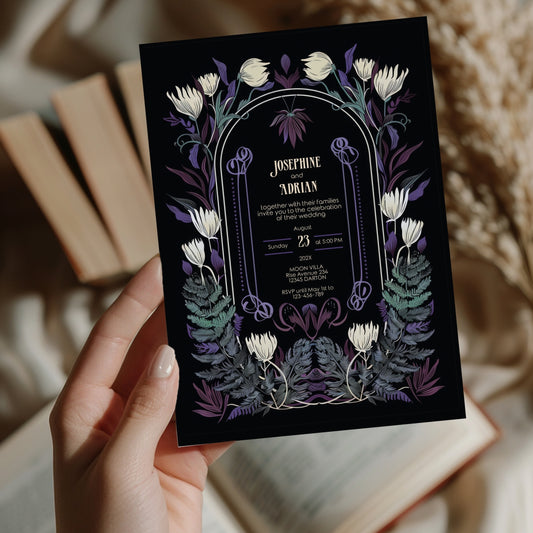 Mystical Gothic Wedding Invitation Set - Green & Purple Botanical Elegance - 5x7 Invitation, 4x6 Details, 3.5.x5 RSVP