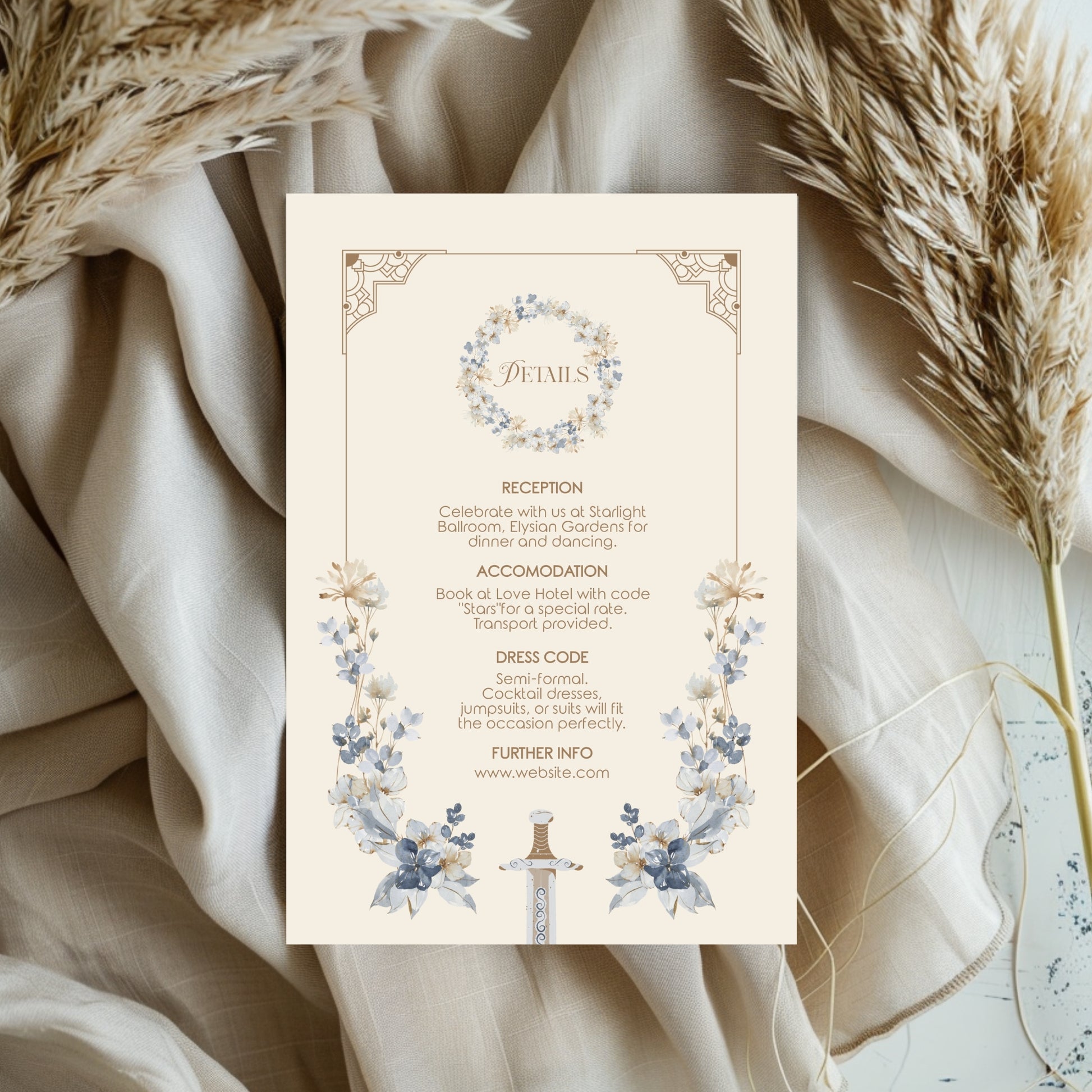 Blue Floral Sword Wedding Invitation Set - Romantic Vintage Design with Invite, Details & RSVP Card Goddess Art and Design Blue Floral Sword Wedding Invitation Set - Romantic Vintage Design with Invite, Details & RSVP Card Goddess Art and Design