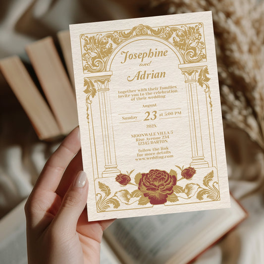 Vintage Wedding Invitation – Elegant Baroque Floral Design with Red Roses and Gold Roman Columns