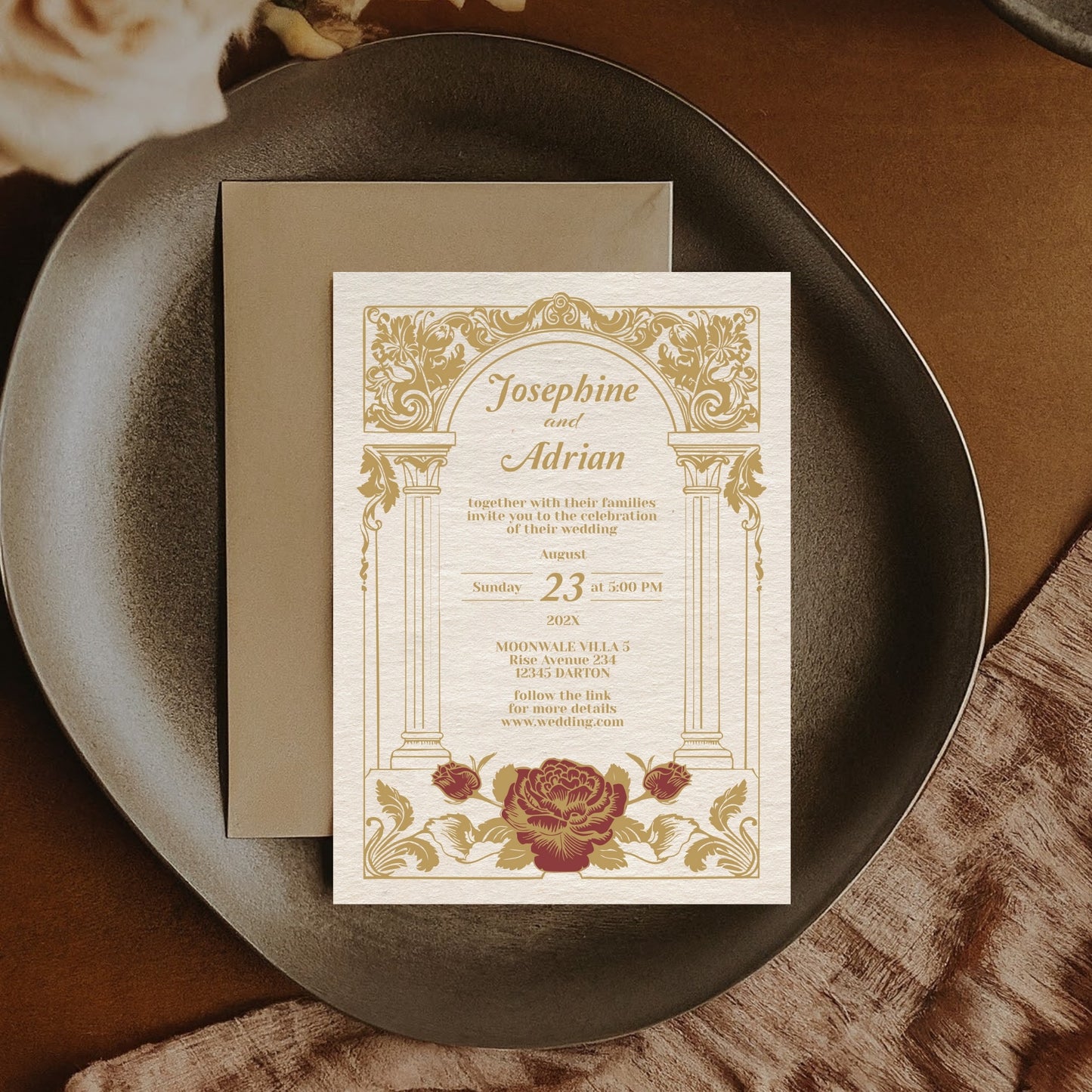 Vintage Wedding Invitation – Elegant Baroque Floral Design with Red Roses and Gold Roman Columns