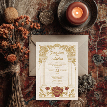 Vintage Wedding Invitation – Elegant Baroque Floral Design with Red Roses and Gold Roman Columns