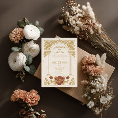Vintage Wedding Invitation – Elegant Baroque Floral Design with Red Roses and Gold Roman Columns