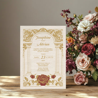 Vintage Wedding Invitation – Elegant Baroque Floral Design with Red Roses and Gold Roman Columns