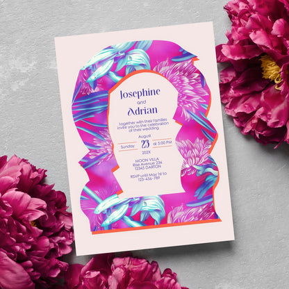 Neon Floral Wedding Invitation - Eclectic Abstract Arch Design with Pink & Fuchsia