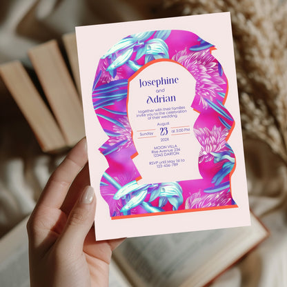 Neon Floral Wedding Invitation - Eclectic Abstract Arch Design with Pink & Fuchsia