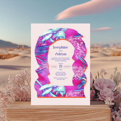 Neon Floral Wedding Invitation - Eclectic Abstract Arch Design with Pink & Fuchsia