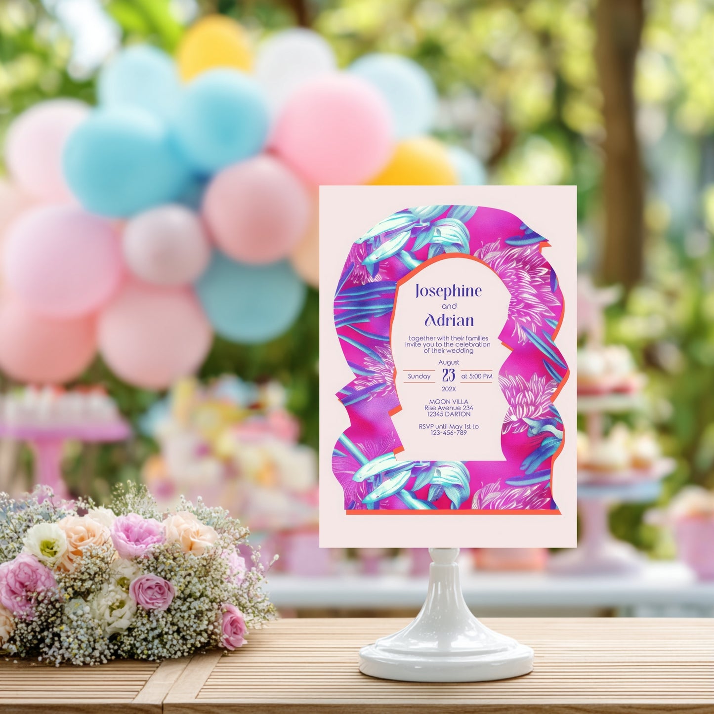 Neon Floral Wedding Invitation - Eclectic Abstract Arch Design with Pink & Fuchsia