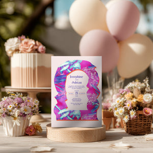 Neon Floral Wedding Invitation - Eclectic Abstract Arch Design with Pink & Fuchsia
