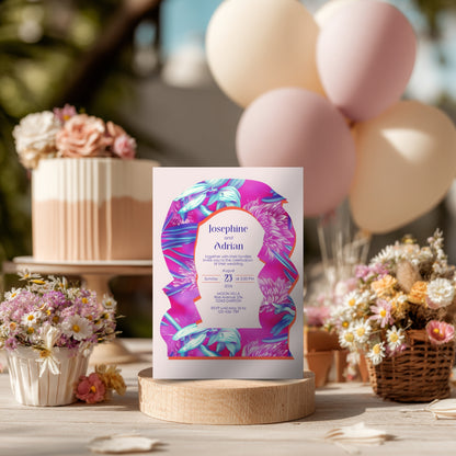 Neon Floral Wedding Invitation - Eclectic Abstract Arch Design with Pink & Fuchsia