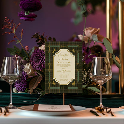 Elegant Equestrian Wedding Invitation - Green Checkered Pattern and Gold Horse Motif