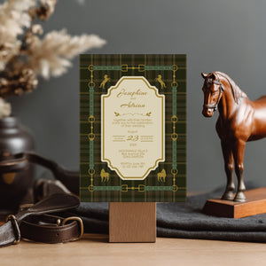 Elegant Equestrian Wedding Invitation - Green Checkered Pattern and Gold Horse Motif