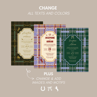 Elegant Equestrian Wedding Invitation - Green Checkered Pattern and Gold Horse Motif