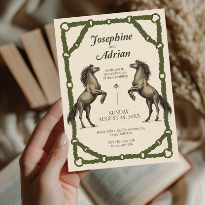 Romantic Equestrian Wedding Invitation - Braided Reins & Horse Motif