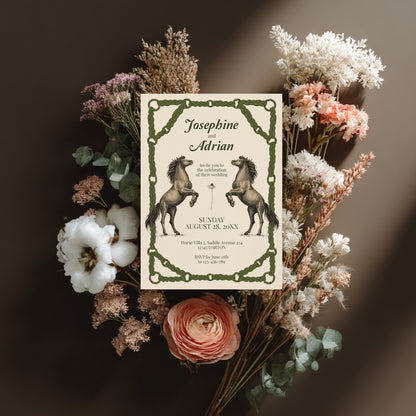 Romantic Equestrian Wedding Invitation - Braided Reins & Horse Motif