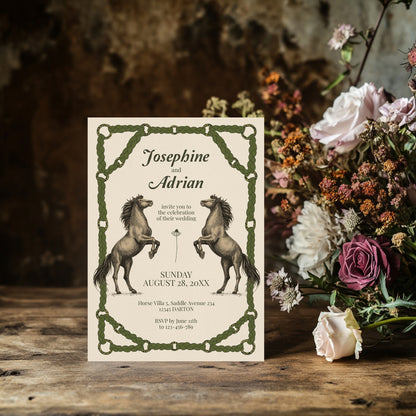 Romantic Equestrian Wedding Invitation - Braided Reins & Horse Motif