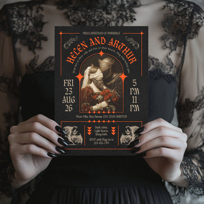 Person holding a gothic-style wedding invitation with intricate brutalism graphic designs and text.