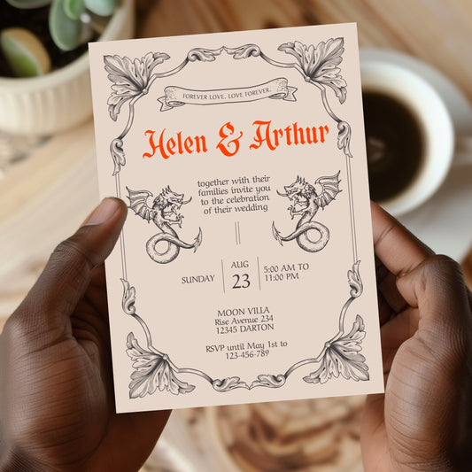 Gothic Vintage Wedding Invitation – With Fantasy Elements and Medieval Dragon Design