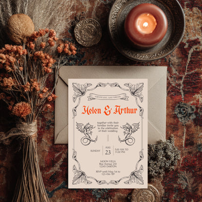 Gothic Vintage Wedding Invitation – With Fantasy Elements and Medieval Dragon Design