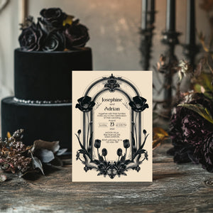 Gothic Poppy Baroque Wedding Invitation – Dark Vintage Floral Arch Design