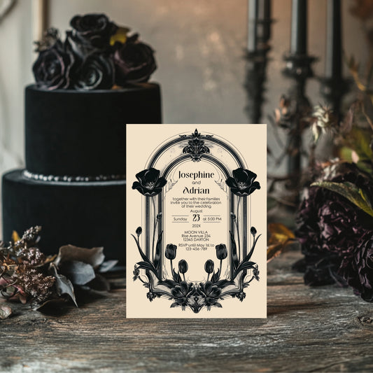 Gothic Poppy Baroque Wedding Invitation – Dark Vintage Floral Arch Design