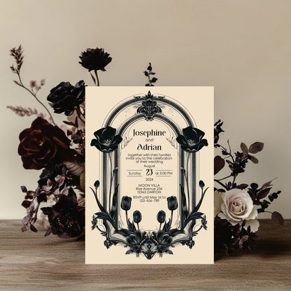 Gothic Poppy Baroque Wedding Invitation – Dark Vintage Floral Arch Design