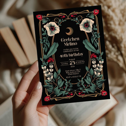 Elegant Gothic Botanical Birthday Invitation - Luxurious Black and Gold Design with Moon and Floral Motifs