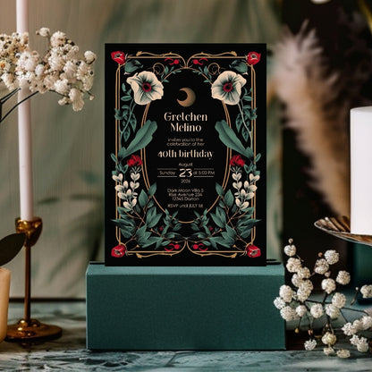 Elegant Gothic Botanical Birthday Invitation - Luxurious Black and Gold Design with Moon and Floral Motifs