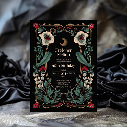 Elegant Gothic Botanical Birthday Invitation - Luxurious Black and Gold Design with Moon and Floral Motifs