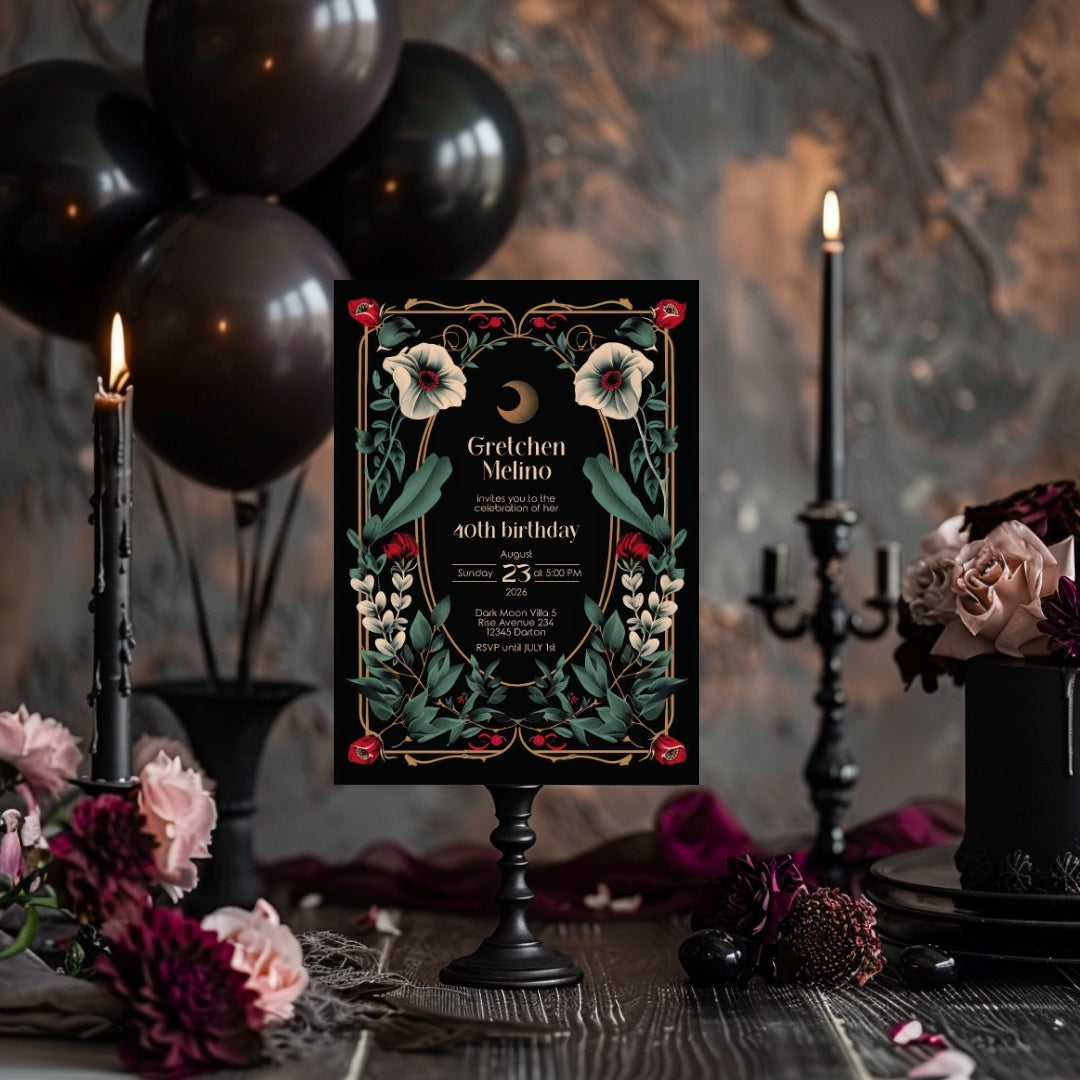 Elegant Gothic Botanical Birthday Invitation - Luxurious Black and Gold Design with Moon and Floral Motifs