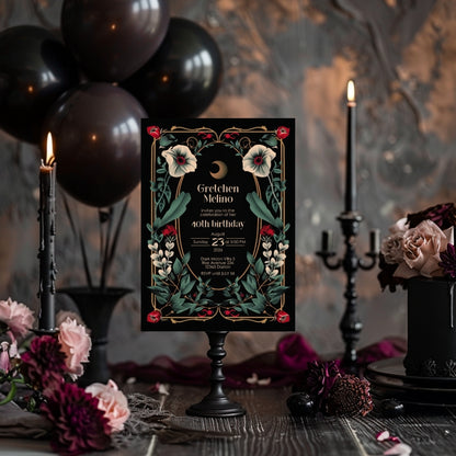 Elegant Gothic Botanical Birthday Invitation - Luxurious Black and Gold Design with Moon and Floral Motifs