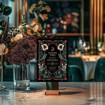 Elegant Gothic Botanical Birthday Invitation - Luxurious Black and Gold Design with Moon and Floral Motifs