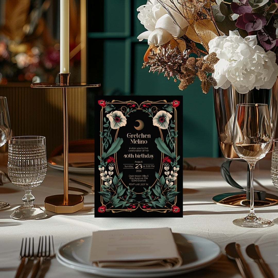Elegant Gothic Botanical Birthday Invitation - Luxurious Black and Gold Design with Moon and Floral Motifs