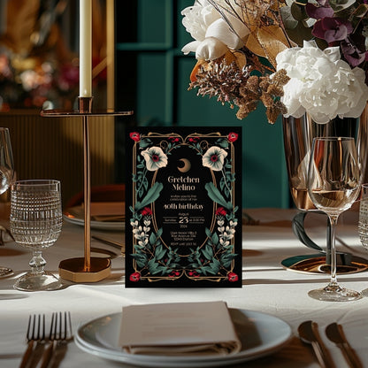 Elegant Gothic Botanical Birthday Invitation - Luxurious Black and Gold Design with Moon and Floral Motifs