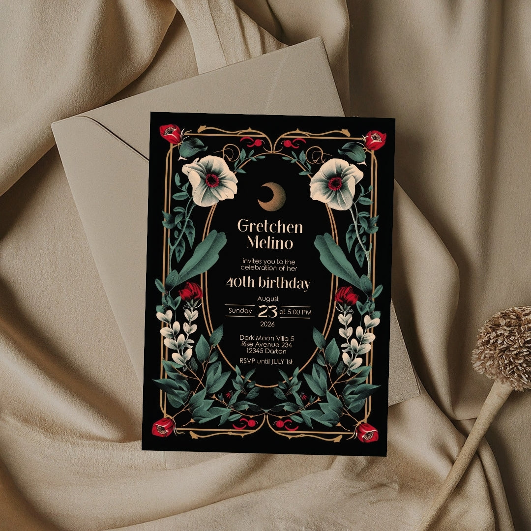 Elegant Gothic Botanical Birthday Invitation - Luxurious Black and Gold Design with Moon and Floral Motifs