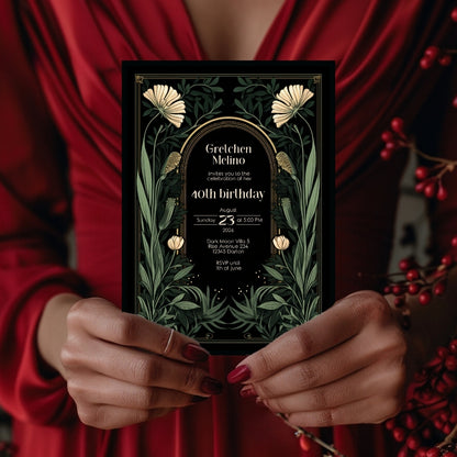 Gothic Art Nouveau Birthday Invitation - Elegant Dark Floral Design