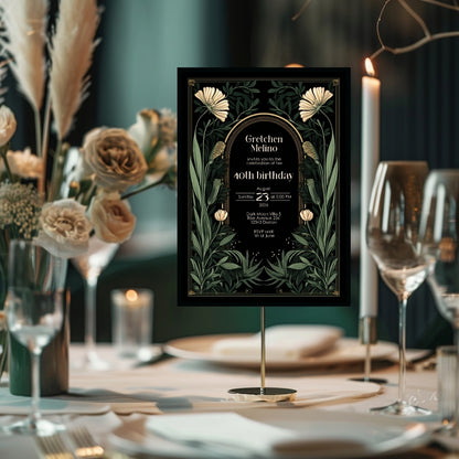 Gothic Art Nouveau Birthday Invitation - Elegant Dark Floral Design