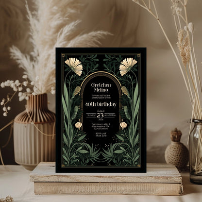 Gothic Art Nouveau Birthday Invitation - Elegant Dark Floral Design