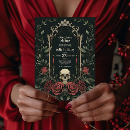 Gothic Vintage Birthday Invitation - Elegant Skull and Roses Design