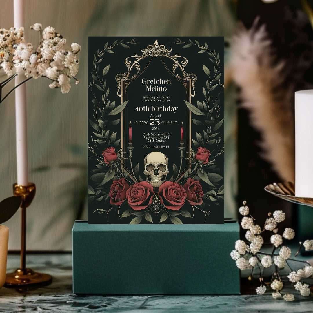 Gothic Vintage Birthday Invitation - Elegant Skull and Roses Design