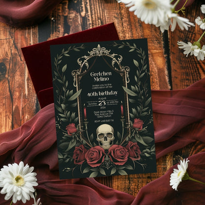 Gothic Vintage Birthday Invitation - Elegant Skull and Roses Design