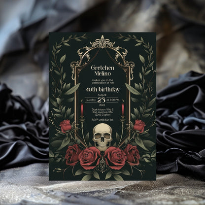 Gothic Vintage Birthday Invitation - Elegant Skull and Roses Design